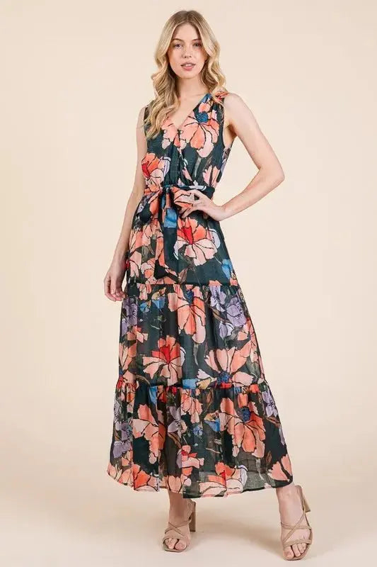Lime 'N' Chili Floral Print Sleeveless Tie Waist Maxi Dress - Love Salve